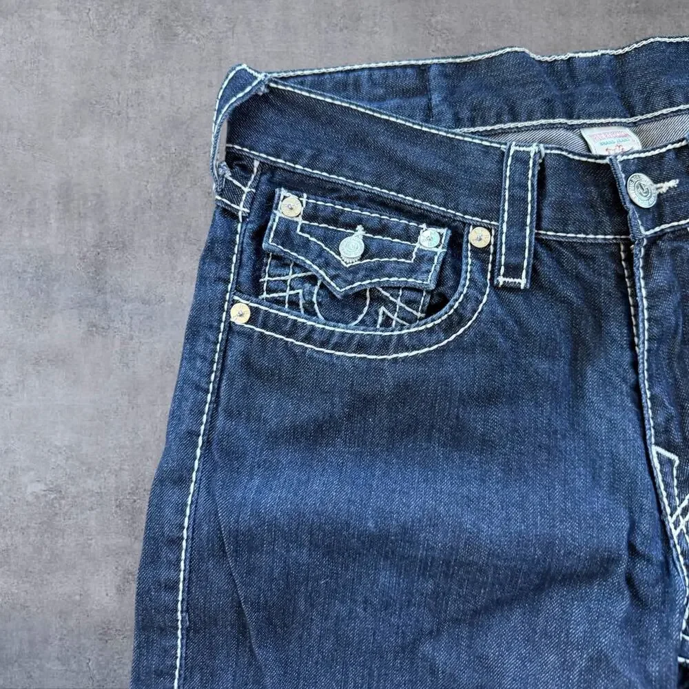 True Religion Joey Jeans Mens 33 USA Made Dark Wash Thick White Stitch Straight